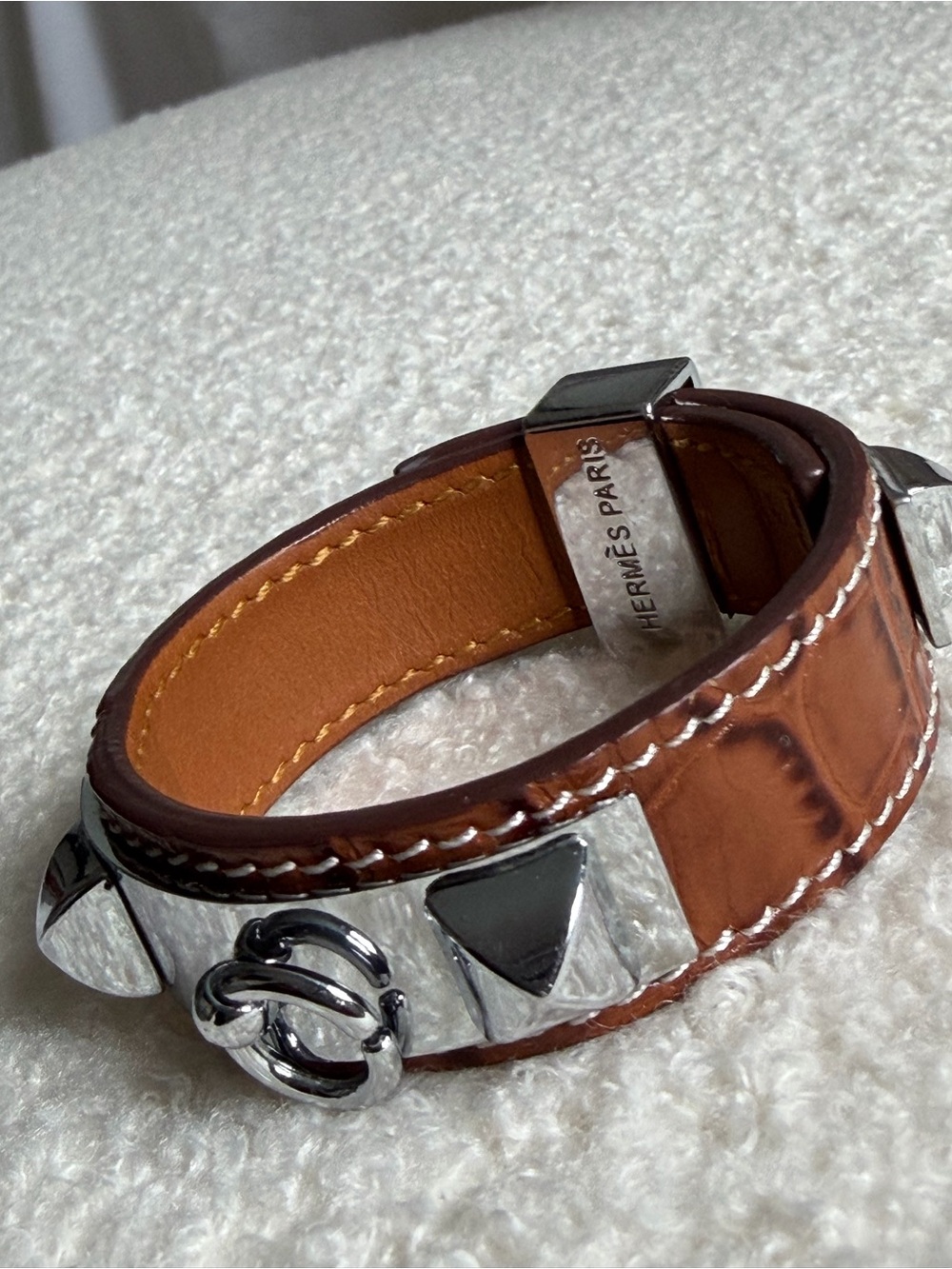 Hermes Brown Leather Collier de Chien Bracelet with Palladium Studs
